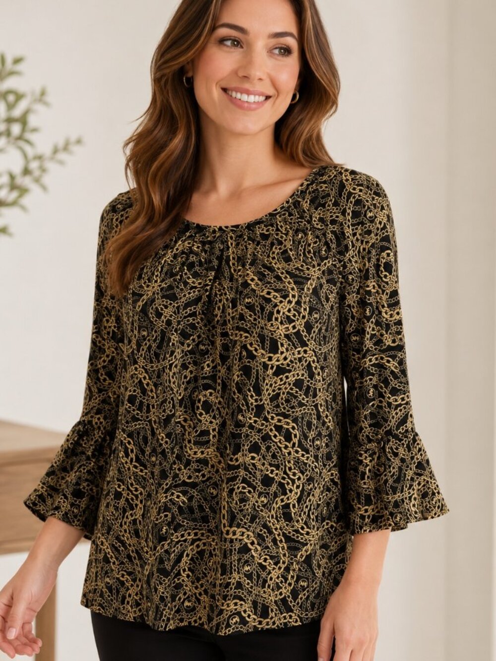 MICHAEL Michael Kors Black Gold Chain Print Bell Sleeve Blouse S Cotton Modal MK